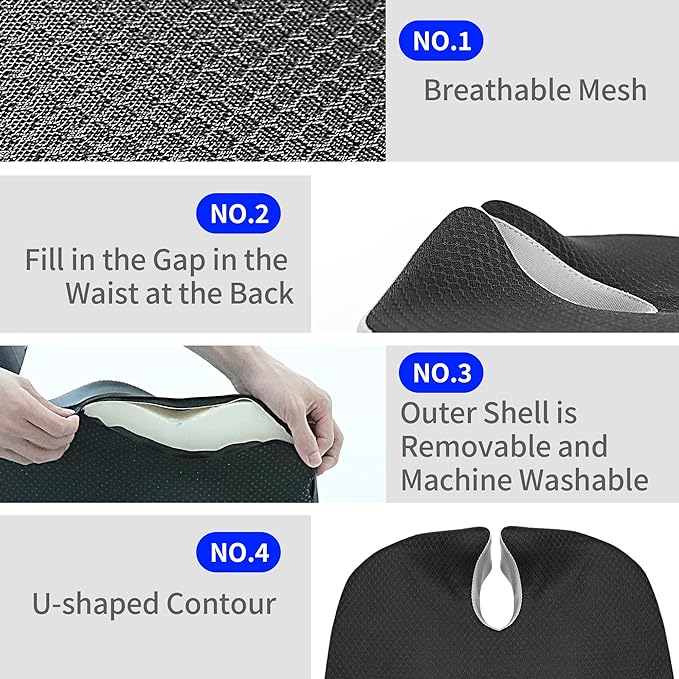 Office Chair Cushion with Coccyx Cutout & U-Shape Design, 2.8" Memory Foam for Back Pain Relief - Ergonomic Seat Pad, Removable Cover, Universal Fit