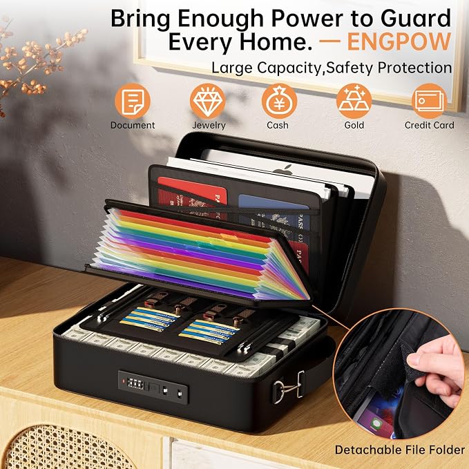 ENGPOW Fireproof Document Box with Lock & 13 Pockets Accordion File Folder | Hard Case File Organizer Home Safe Box with Multi Pockets,Protects Important Documents,Certificates,Laptop,Passports,Black