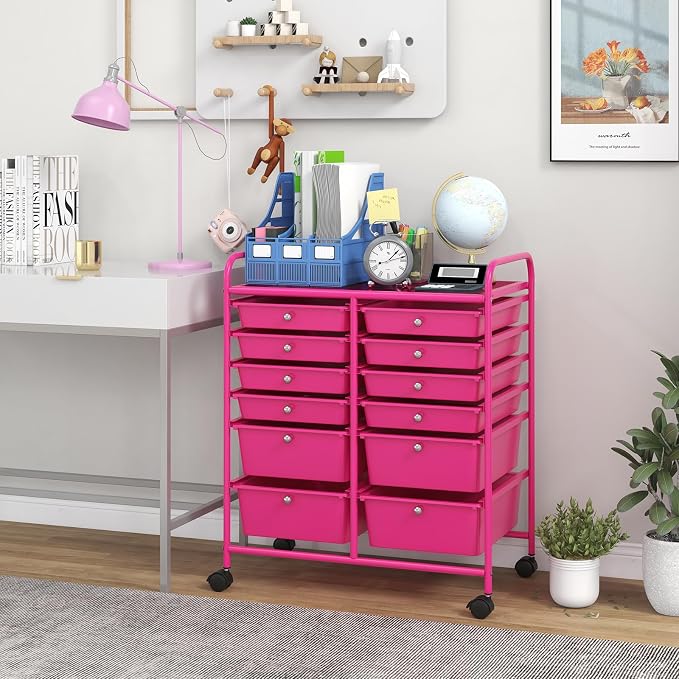BECOMFORT 12-Drawer Rolling Cart with Drawers, Storage Cart on Wheels, Teacher Classroom Organizers with Metal Frame, Mobile Craft Cart, Trolley Utility Cart for School Office Play Room
