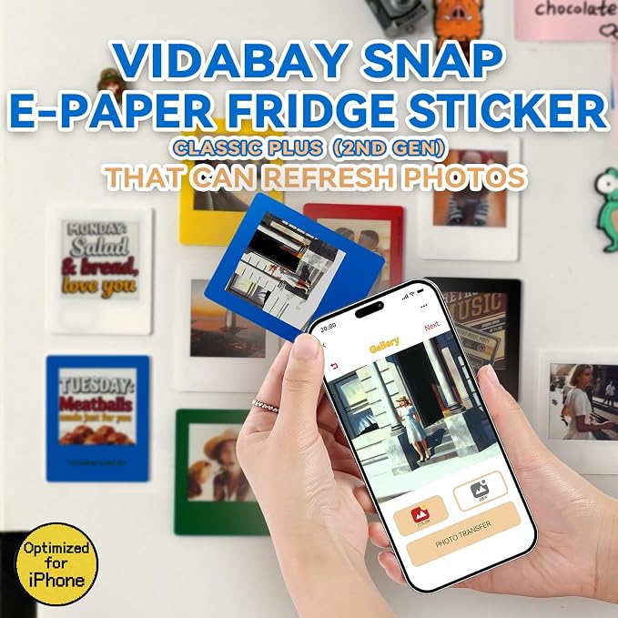E-Paper Fridge Magnet Classic Plus, E-Ink Battery-Free Instant Photo Style Display, Wireless NFC Picture Frame, Phone-Controlled Acrylic Memo Board for Party/Travel/Home & Gifts, Compatible iPhone 13 and Newer (Blue)