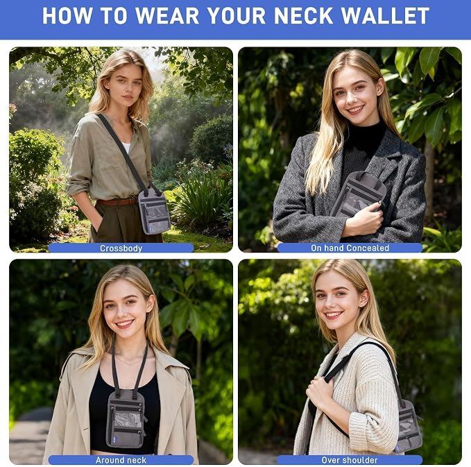 2-Pack RFID Blocking Passport Holder Neck Wallet, Large Travel Pouch for 2 Passports & 7" Phone, Comfortable Breathable Anti-Theft Travel Organizer with Cash Pocket (Black & Dark Gray)