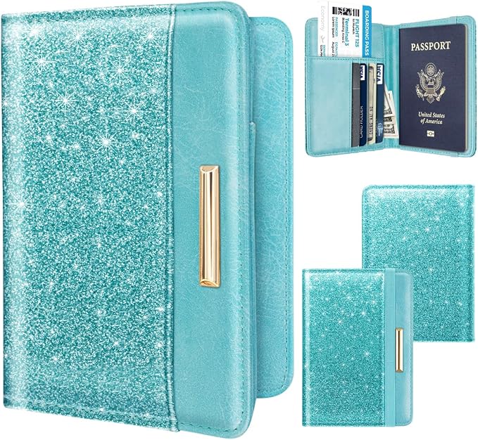 Coco Rossi Passport Holder for Travel Women Slim RFID Passport Cover Wallet | Travel Essentials, Passport Book Holders, Passport Wallet Cover Case, PU Leather, Cute, Thin, Spliced Design, Glitter Teal