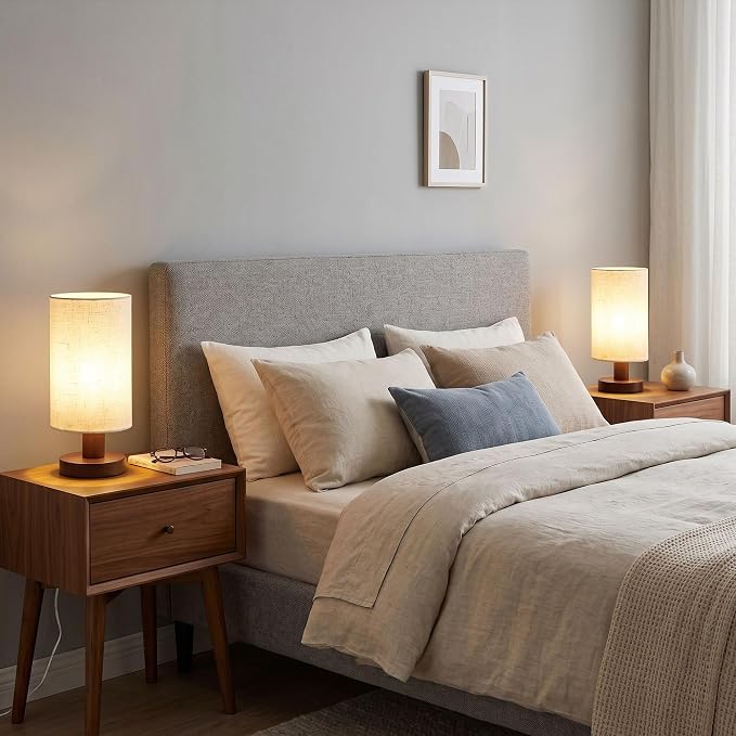 Bedside Lamps Set of 2, Bamboo Small Table Lamp for Nightstand | 10'' Minimalist Nightstand Lamps for Bedroom, Modern Desk Lamp for Living Room, E26, Walunt, Linen Shade