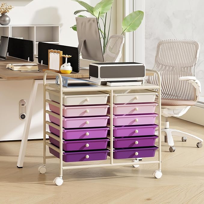 RELAX4LIFE 12-Drawer Rolling Storage Cart - Mobile Utility Cart on Wheels for School Classroom Teacher Office Salon, Paper File Art Supply Craft Organizer, Rolling Cart with Drawers (Gradient Purple)
