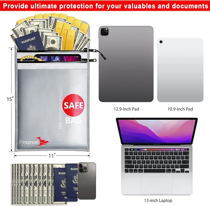 COLCASE Fireproof Document Bag 2 Pockets Fireproof and Waterproof Bag | 2000 ℉ 15 x 11 Inches Silicone Coated Fiberglass Fireproof Bag Silver
