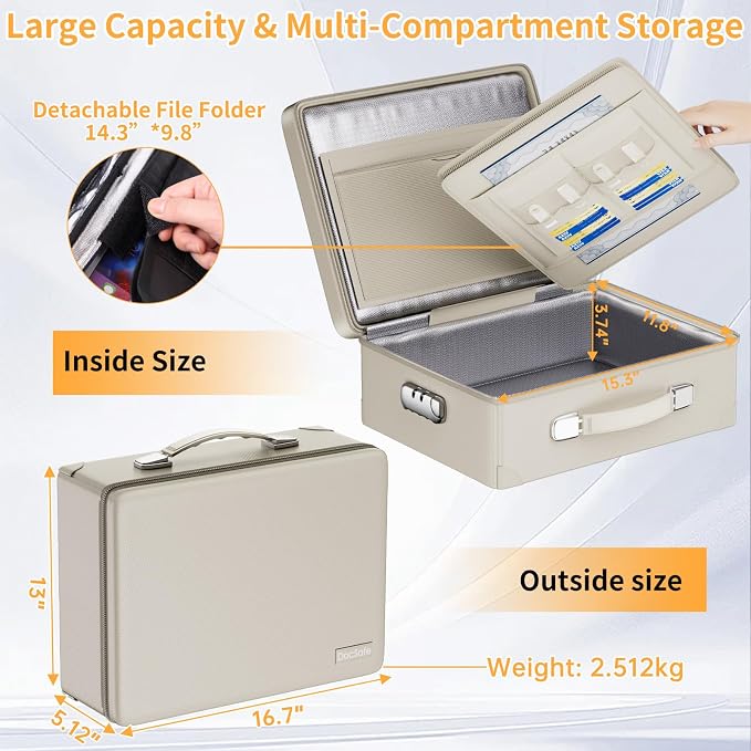 DocSafe 6400°F Fireproof Document Box with Lock, 10 Layers Heat Insulated | Fire&Water Resistant,Hard Case Safe Box with Zipper＆Multi Pockets, Protects Personal Items,Documents,Laptop,Passport,Beige