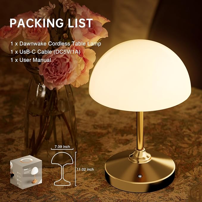 Mushroom Lamp Cordless Lamp Table Lamp,Outdoor Waterproof Shower Lamps,5000mAh Rechargeble Battery Operated Dimmable Touch Desk Lamps,LED Night Light for Bathroom Patio Camping Outdoor(Gold)