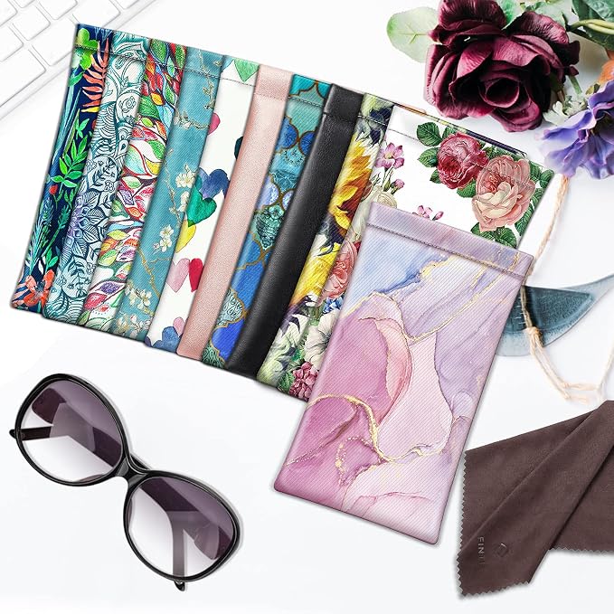 FINTIE Soft Eyeglasses Case with Cleaning Cloth, Portable Squeeze Top Vegan Leather Glasses Pouch, Sunglasses Eyewear Bag