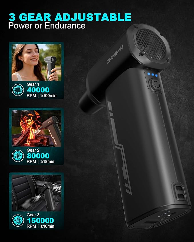 Electric Air Duster - 150000RPM Keyboard Duster for PC Cleaning, Cordless Compressed Air Duster Replaces Canned Air, 3-Gear Rechargeable Electronics Cleaner for Laptop, Car, Home & Office