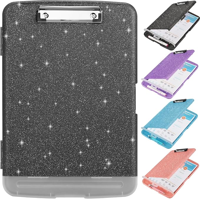 SFLHHDM Glitter Clipboard with Storage, Plastic Storage Clipboard with Pen Holder, Clip Boards 8.5x11 with Low Profile Clip, Side Opening Sparkle Clipboards Folder for Office (Glitter Dark Gray-Black)