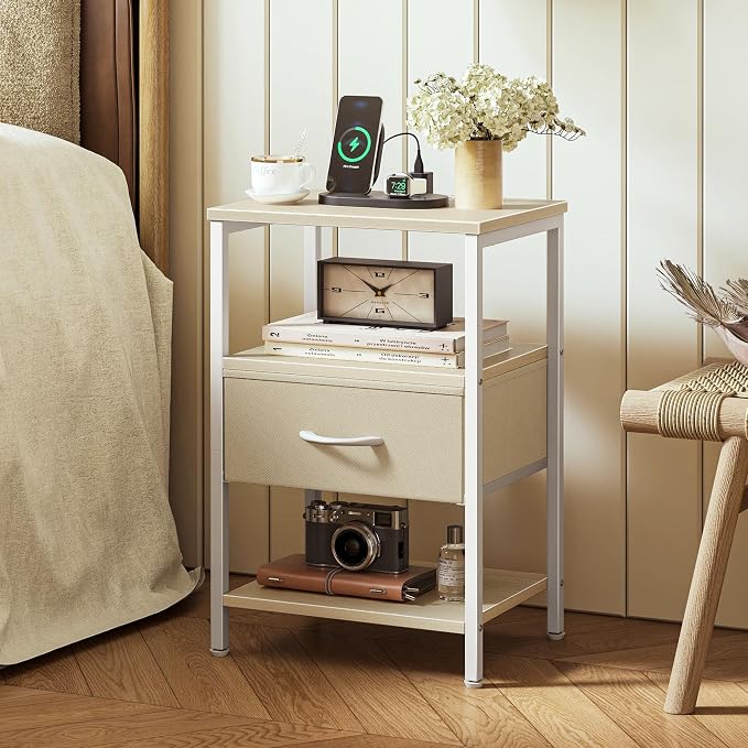 SUPERJARE Nightstand with Charging Station, USB-C Port, Bedside Table | Night Stand for Bedroom, with Adjustable Fabric Drawer, 3-Tier Storage End Table, for Living Room, White Maple