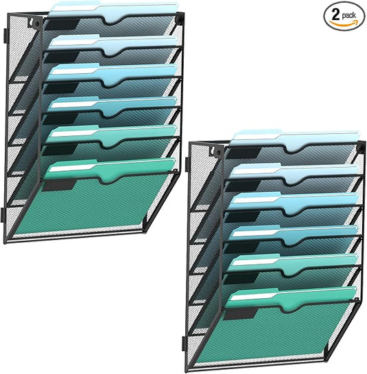 6-Tier Wall File Organizer, Wall Mounted Mail Sorter, 2 Pack | Metal Mesh Hanging File Organizer with Open Compartments and Label Panels for Papers and Folders at Home, Office or School