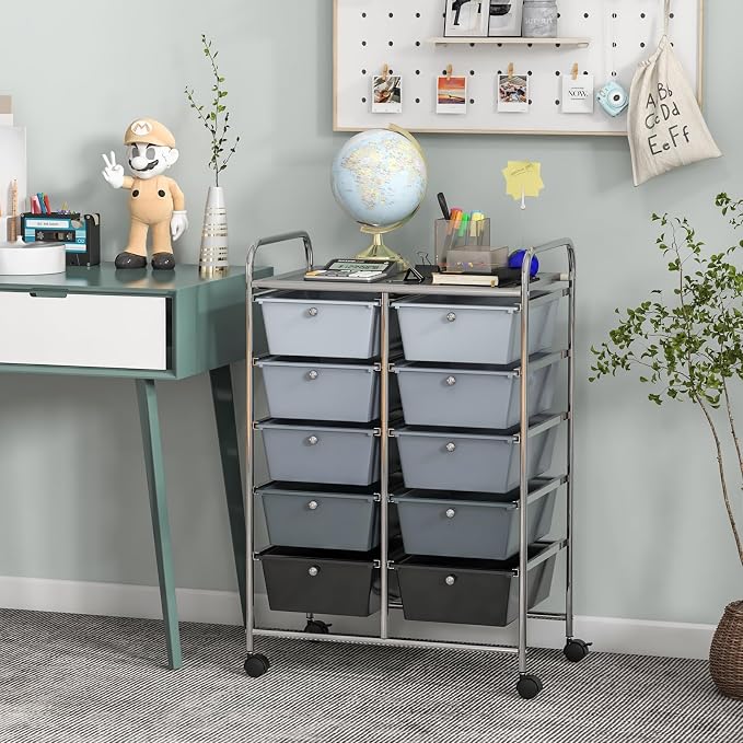 BECOMFORT 10-Drawer Rolling Cart with Drawers, Storage Cart on Wheels, Teacher Classroom Organizers with Metal Frame, Mobile Craft Cart, Trolley Utility Cart for School Office Play Room