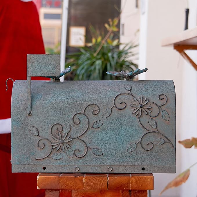 Heavy Duty Galvanized Steel Mailbox Post, Rural Mail Box Postal Storage Box with Butterfly Decoration (Vintage Green)