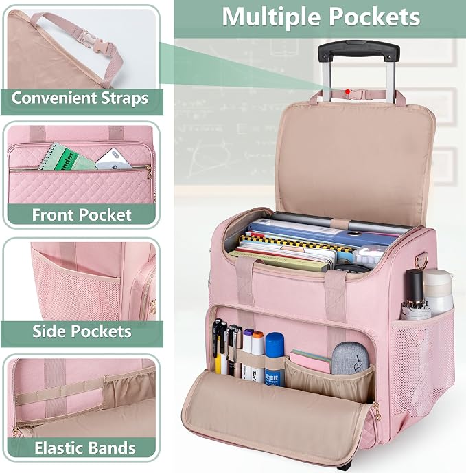 LUXJA Rolling Teacher Bag with Wheels and 15.6" Laptop Compartment, Pink | Rolling Briefcase for Women, Teacher Tote Bag for Office Work with Detachable Dolly and Shoulder Strap, Ample Storage Pockets