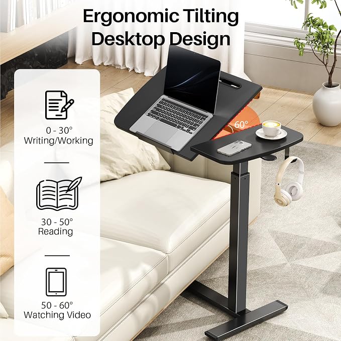 Overbed Table with Wheels, Pneumatic Height and Tilting Desktop | Top Tilts 0-60° with Anti-Slip Stops, Hook, Capacity 66 lbs, 1.18 in Low-Profile Base Slides Easily Under Beds and Sofa