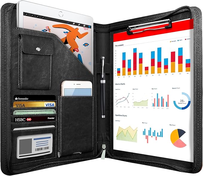 WRIYES Zippered Padfolio Organizer, 10.2 Inch Portfolio Folder, Black | Leather Planner Binder, For Documents, Letter Size, Business Card Holder, For Men&Women