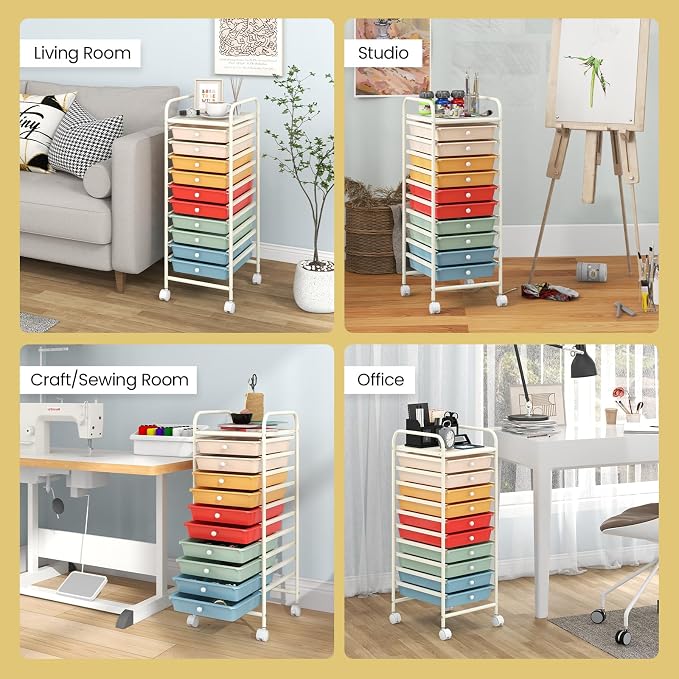 COSTWAY 10-Drawer Rolling Storage Cart, Utility Mobile Trolley | Removable Drawers & Universal Casters & 2 Brakes, Versatile Flexible Drawer Organizer Cart for Home, Office (Macaron)
