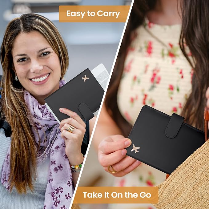 Passport Holder for Travel Essentials, RFID Blocking Leather Cover Wallet with Magnetic Closure, Aesthetic & Cute Passport Book Case for Women and Men - Black