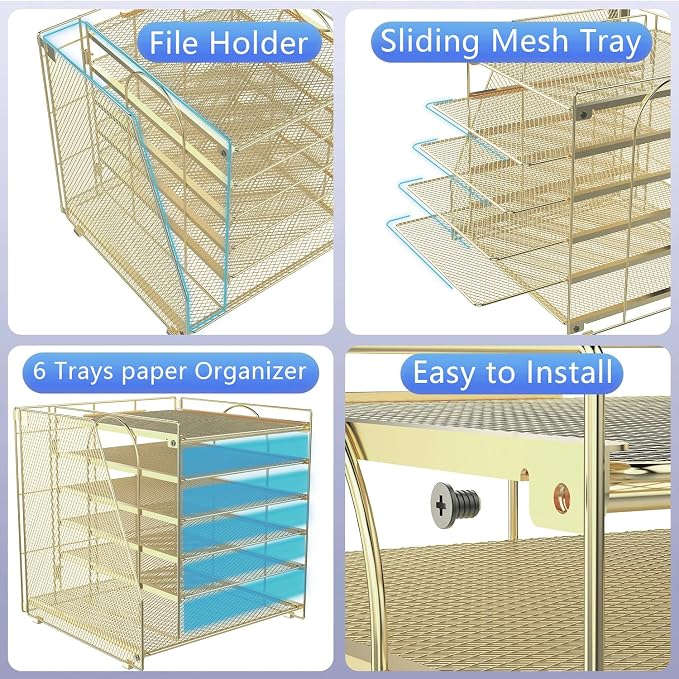 gianotter 6-Tier Paper Organizer With Magazine Holder | Desk Organizers and Accessories, File Organizer for Office Supplies Storag (Gold, 6-Tier)