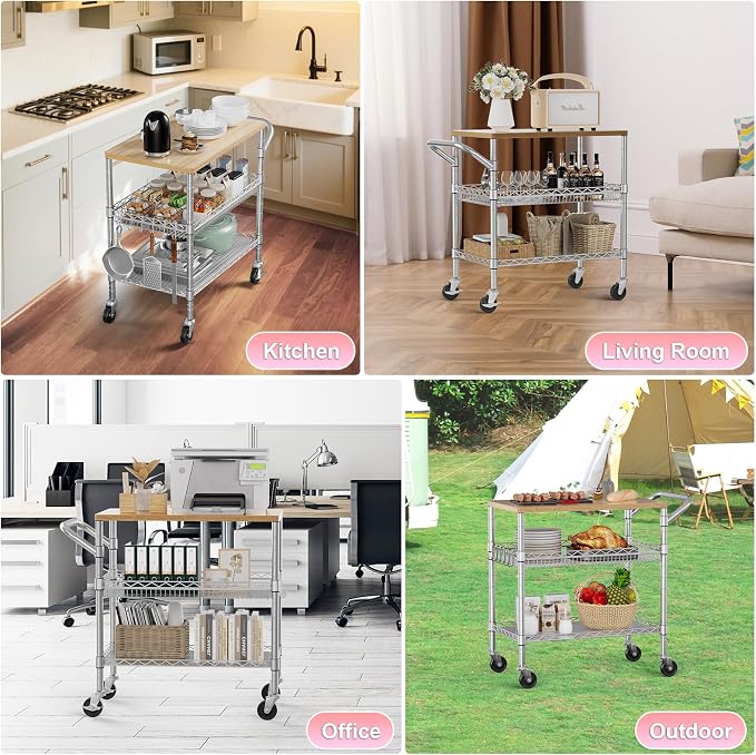 3 Tier Rolling Kitchen Carts with Wheels, Heavy Duty Rolling Utility Cart with Wood Tabletop, Commercial Grade Metal Cart with Handle and Hooks, NSF Storage Serving Island Carts, Light Wood+Metal