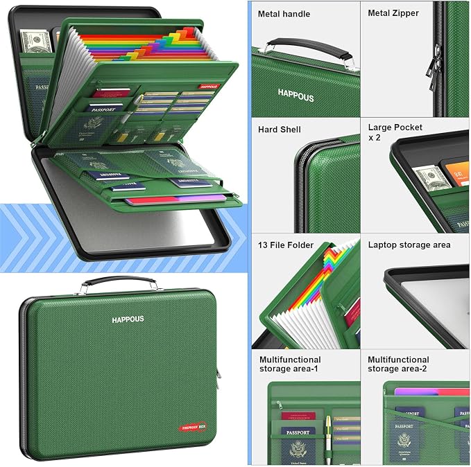 Fireproof Document Organizer, Fireproof Document Box | Portable Hard-Shell Fireproof Document Organizer Storage for Documents Laptop Passports Cards Green