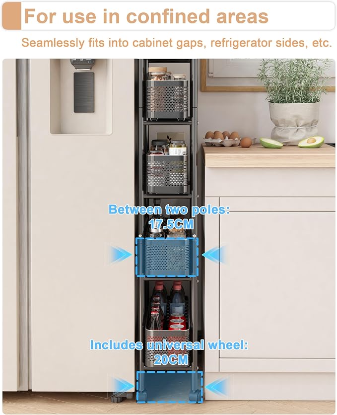 UMDONX 5-Tier Narrow Mobile Storage Cart with Pull-Out Baskets | The Multifunctional Pull-out Storage Rack Is Suitable for Bathrooms, Kitchens, and Laundry Rooms