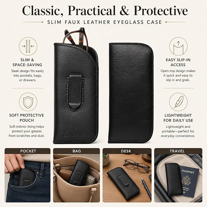 Calabria Slim Eye Glasses Case w/Clip Soft PU Leather Black Men Women Eyeglasses Pouch Slip-In Eyewear Holder Sunglass Bag