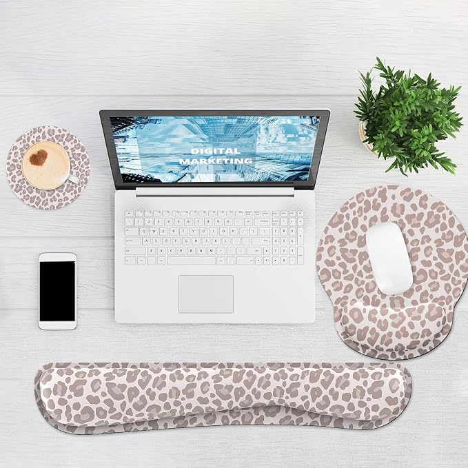Ergonomic Mouse Pad with Wrist Rest and Keyboard Wrist Rest, Mousepad | Memory Foam Wrist Rest for Computer Keyboard, Pain Relief, Non-Slip Rubber Base, Mouse Pad Wrist Support for Gaming, Leopard