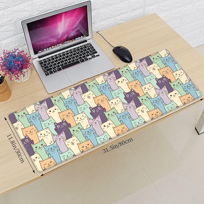 Cat Gaming Mouse Pad Large Extended Desk Mat Non-Slip Rubber Base Keyboard Pad with Stitched Edges for Office Gaming 31.5x11.8 in