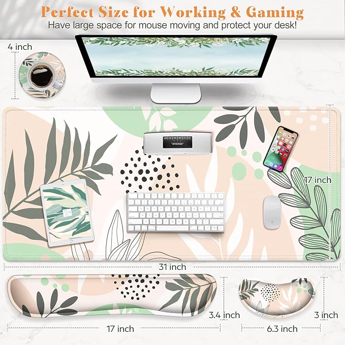 Gimars 4 in 1 Mouse Pad and Keyboard Wrist Rest Set, Large Mouse Pad with Memory Foam Wrist Support Pad for Desk with Coaster, Easy Typing Pain Relief, Gaming Office Home 31.5x12 inch, Morandi Beige