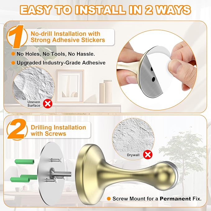 Crosize Magnetic Door Stoppers 4 Pack, Stainless Steel Door Stops for Wall and Floor Mounting, Gate Stops, No Drilling Metal Doorstops with Adhesive Tapes, Gold