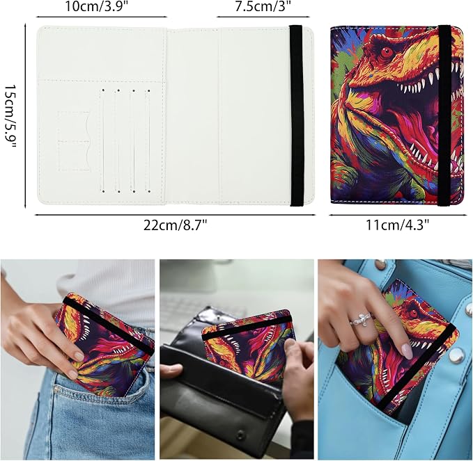 Passport Holder for Women and Men PU Leather Passport Cover for Travel (Colorful Dinosaur)