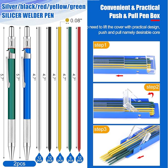 Gersoniel 2 Pcs Welders Pencil with 48 PCS Round Refills Mechanical Pencils Metal Welding Marker for Tube Pipe Fitter Welder Steel Construction Woodworking (Silver, Black, Red, Yellow, Green)