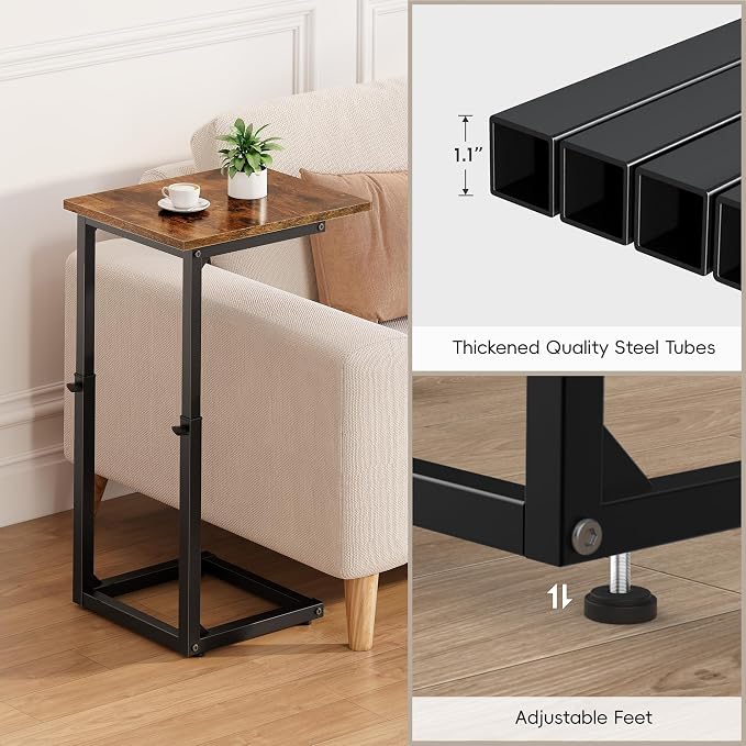 C-Shaped End Table for Couch, 33" Tall C Table Adjustable Height Side Table, Couch Side Tables with Metal Frame Slide Under Sofa, Sofa Table TV Tray for Living Room, Bedroom, Bedside, Brown