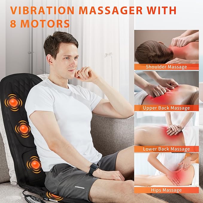 Back Massager with Heat, Seat Massager with 8 Powerful Vibration Motors, Portable Massage Chair Pad for Office Home Use, Gift for Men/Women/Family/Friends