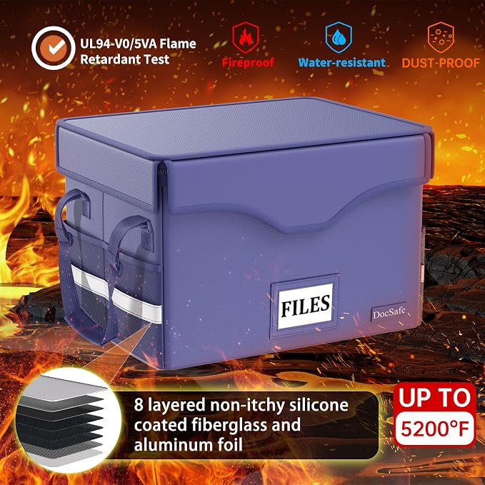 DocSafe 5200°F Fireproof Document Box with Lock,Heat Insulated File Organizer Storage with Pockets,Collapsible Portable Home Office File Safe Box with Handle for Hanging Letter/Legal Folders, Blue