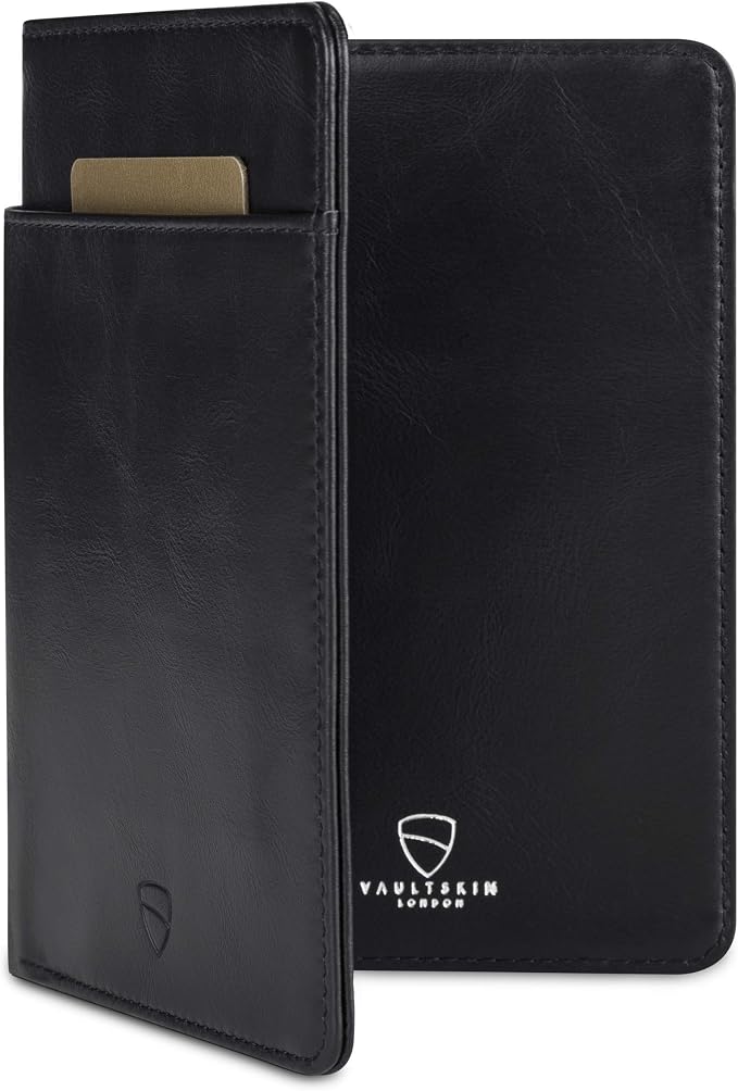 Vaultskin KENSINGTON Passport Holder for Travel, RFID Wallet (Black) | Slim genuine leather book cover, small case for men and women, inner sleeve, cards, cash, scan blocking protection, gift box