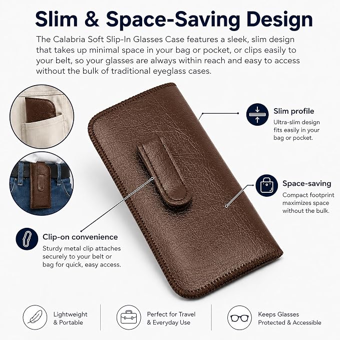 Calabria Soft Slip-In Glasses Case Pocket Metal Clip Brown (4 Pack) for Men/Women Synthetic Leather Felt Lining 6.5"x3"