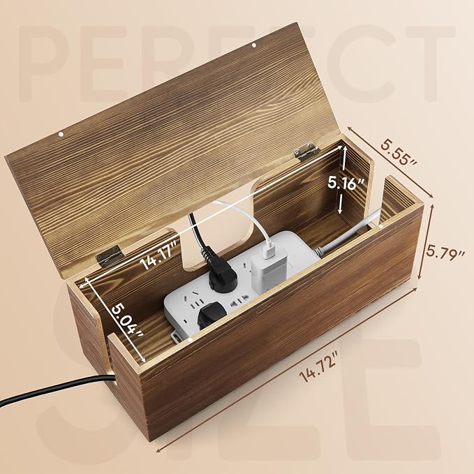 Large Cable Management Box - Burnt Wood Cable Organizer Box and Floor Cord Covers for Electrical Cord Management - Hide Desk Cord and Floor Cables - Wire Storage and Organization for Cords