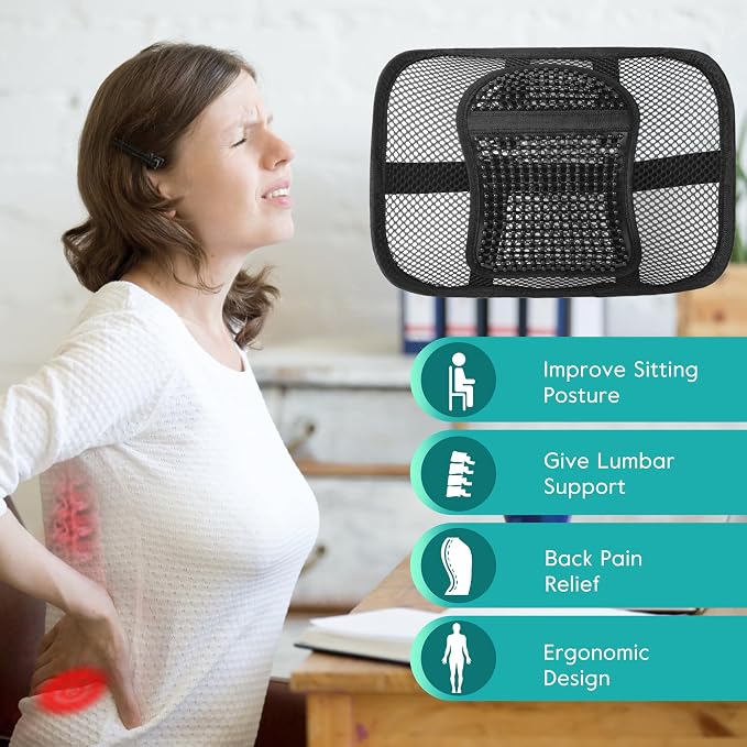 Samyoung Mesh Lumbar Support for Office Chair and Car Seat | 12 x 16 Inch Breathable Double-Layer Mesh Back Support with Elastic Chair Strap & Support Beads for Firm, Comfortable Support