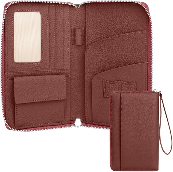 RFID Passport Holder for Travel Family with Coin Pocket, Brick Red | Leather Passport Cover for 2, Travel Document Organizer with Wrist Strap & 24 Card Slots, for Women Men