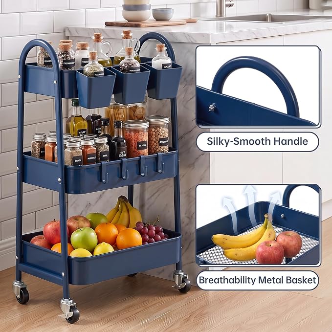 3-Tier Rolling Cart, Utility Cart Mobile Metal Rolling Storage Cart with Lockable Wheels & Hanging Cups & Hooks for Kitchen, Bathroom, Office, Workshop, Dark Blue