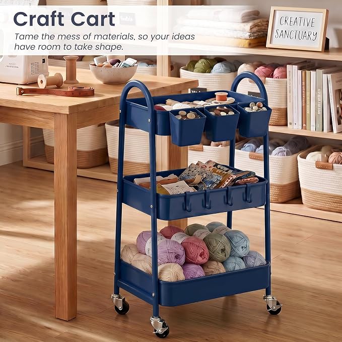 3-Tier Rolling Cart, Utility Cart Mobile Metal Rolling Storage Cart with Lockable Wheels & Hanging Cups & Hooks for Kitchen, Bathroom, Office, Workshop, Dark Blue