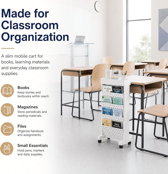 BYFU 5-Tier Movable Bookshelf Cart, 26.0" H, White | Rolling Wheels, File Paper Storage Organizer, Mobile Bookcase, For Home Office Study Classroom