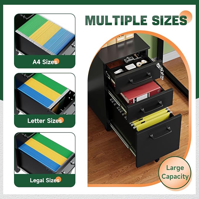 3 Drawer Mobile File Cabinet with Lock,Under Desk Metal Filing Cabinets for Home Office Organizer,Small Rolling Printer Stand with Wheels,for Letters/Legal/A4(Assembly Required) (Black)