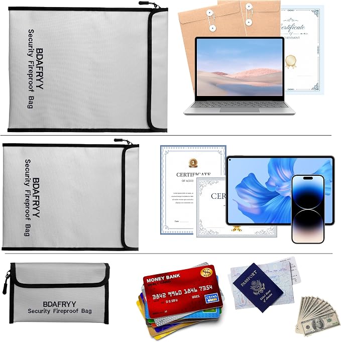 3 Pcs Fireproof Waterproof Money Important Document Bag(2000℉),Fire Proof Bag for Documents,Fire Proof Money Bag for Cash,for A4 A5 Documents Holder,Cash,Passport,Tablet,Laptop,File,Jewelry
