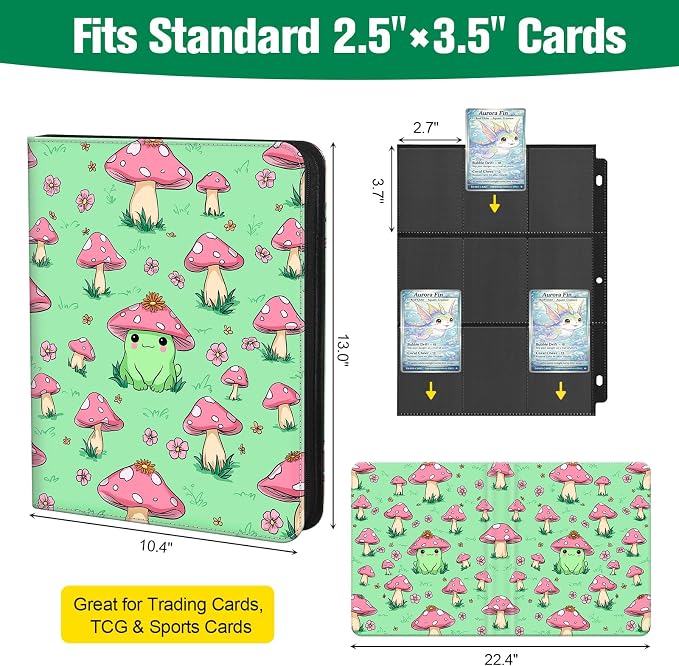 Cute Frog & Mushroom 9-Pocket Trading Card Binder Album, 900 Card Zipper Binder with 50 Removable Sleeves, Refillable 3-Ring Card Book for MTG, TCG and Sports Cards, Fits 2.5" x 3.5" Cards