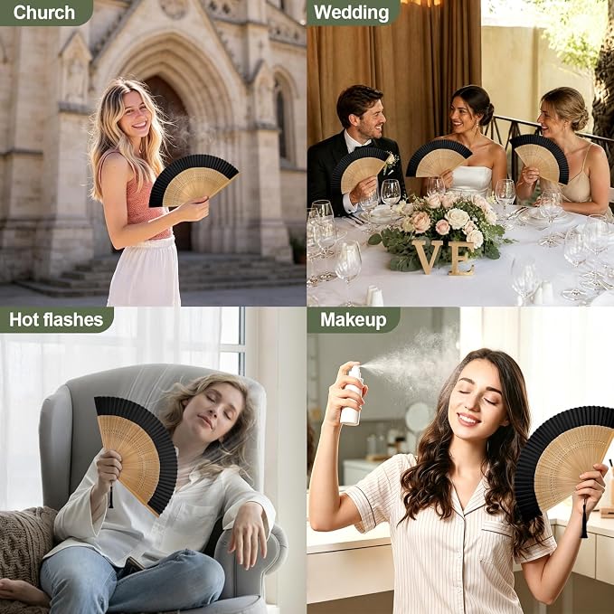 EOSAU Bamboo Hand Fan Foldable 8.3 Inch, Portable Folding Fan with Pouch for Church Wedding Makeup, Small Decorative Cooling Fan for Women (Black/Bamboo Frame)