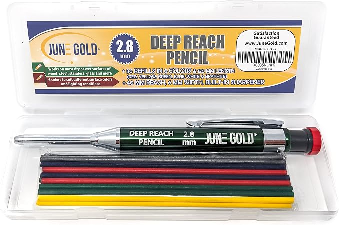 June Gold 2.8 mm Deep Reach Metal Carpenter Pencil, 36 Refills, 6 Colors | 40 mm reach, 6 mm width, Built-in Sharpener, Construction, Shop, Glass, Machine, Indoor, and Outdoor